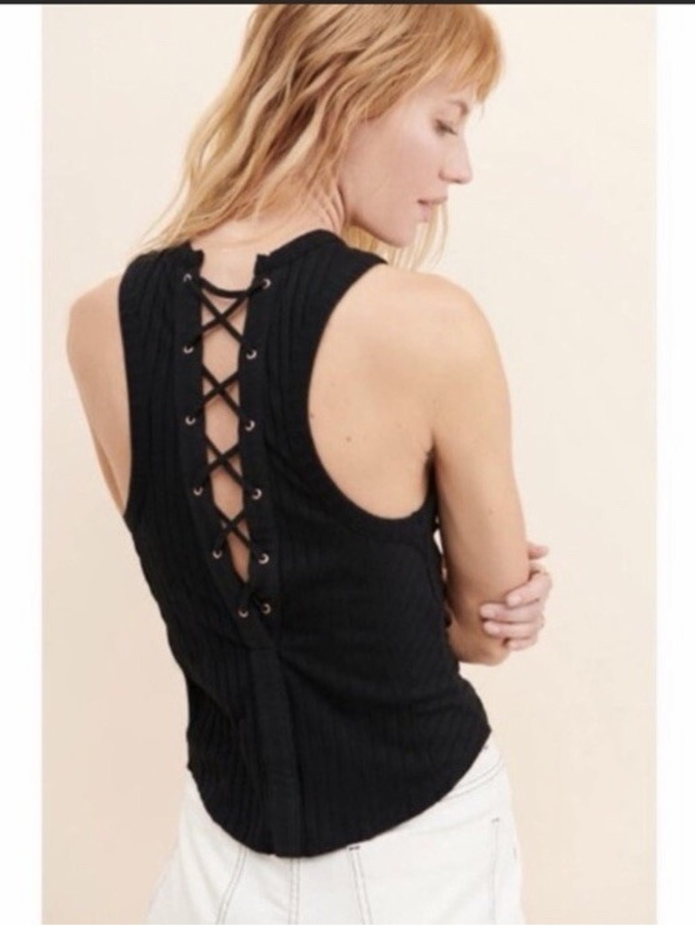 Free People Black Ribbed Lace-Up Back Tank